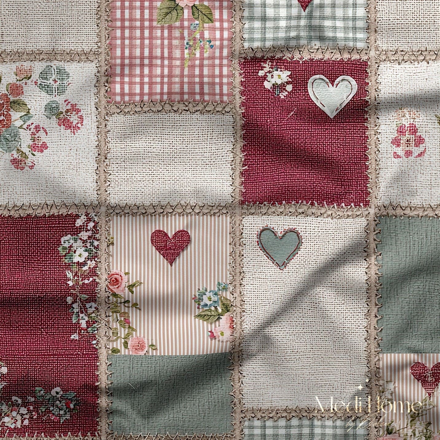 Rustik Patchwork Kalp ve Gül Dijital Baskılı Kumaş