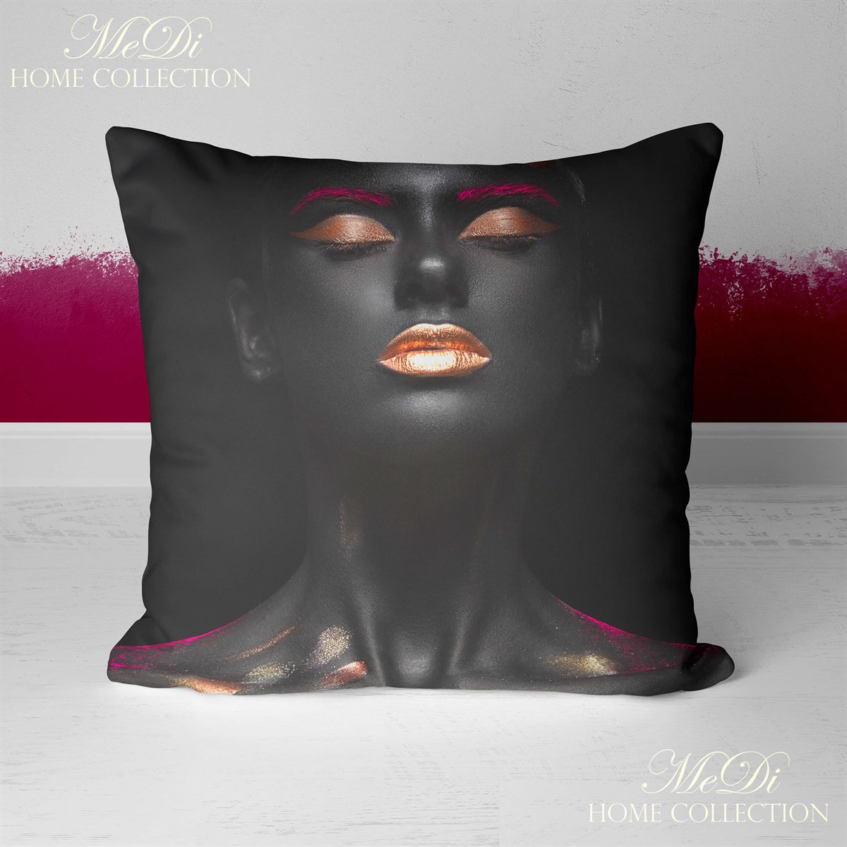 Simli Makyajlı Afrikalı Kadın Desenli 3'lü Pano Kumaşı