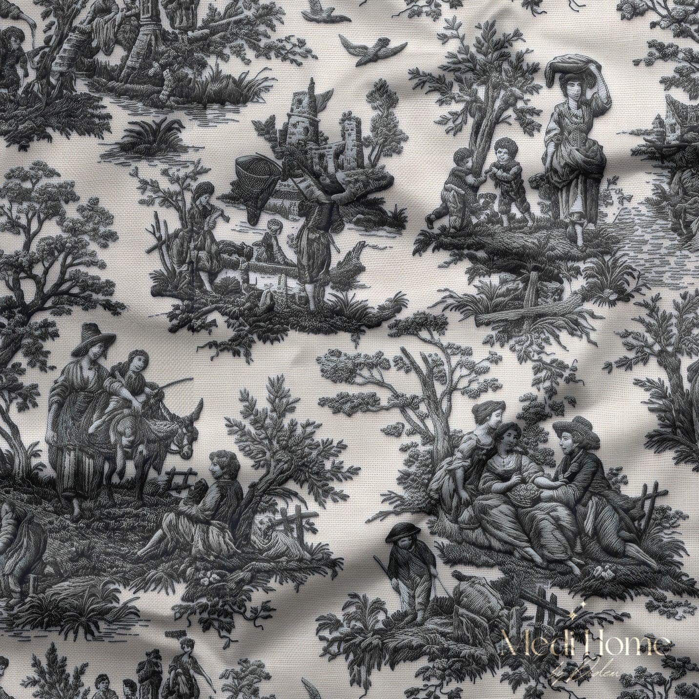 Siyah Masallar Toile de Jouy Dijital Baskılı Kumaş