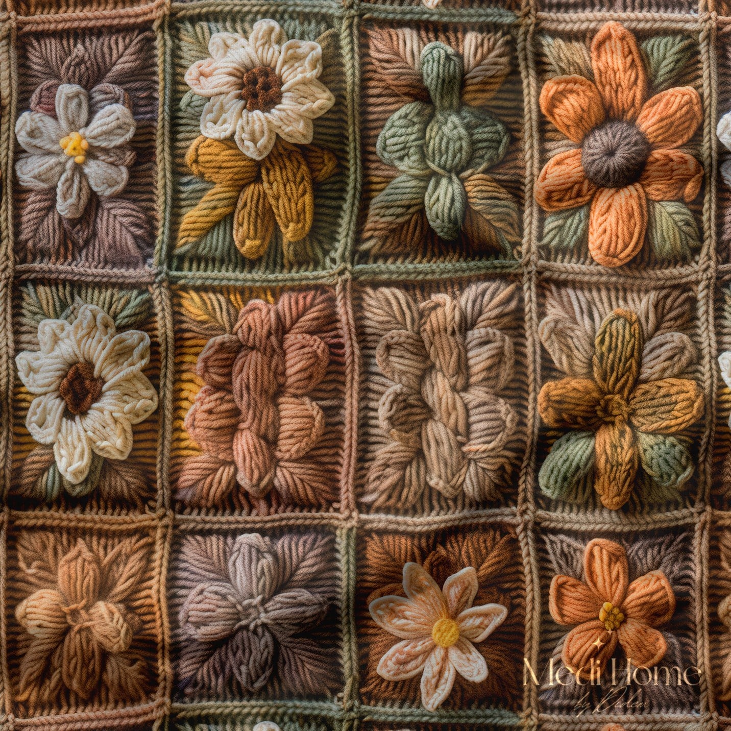 Toprak Tonlarında Patchwork Örgü Bahçesi Dijital Baskılı Kumaş