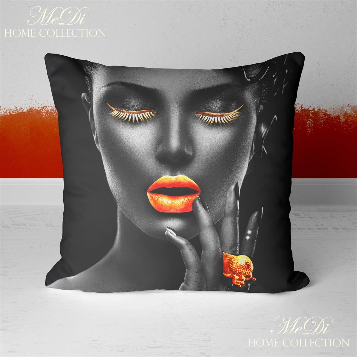 Turuncu Makyajlı Afrikalı Kadın Desenli 3'lü Pano Kumaşı