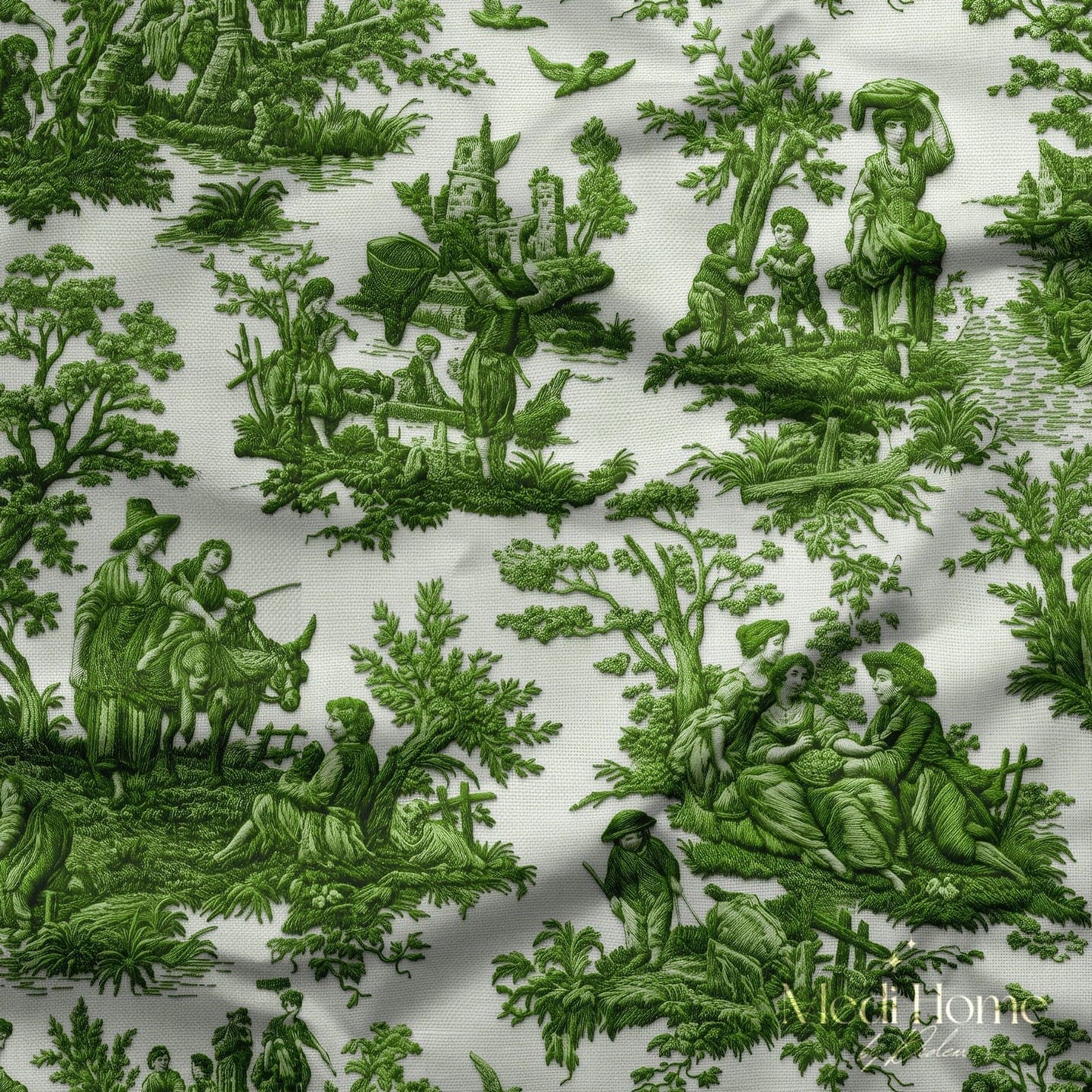 Yeşil Masallar Toile de Jouy Dijital Baskılı Kumaş