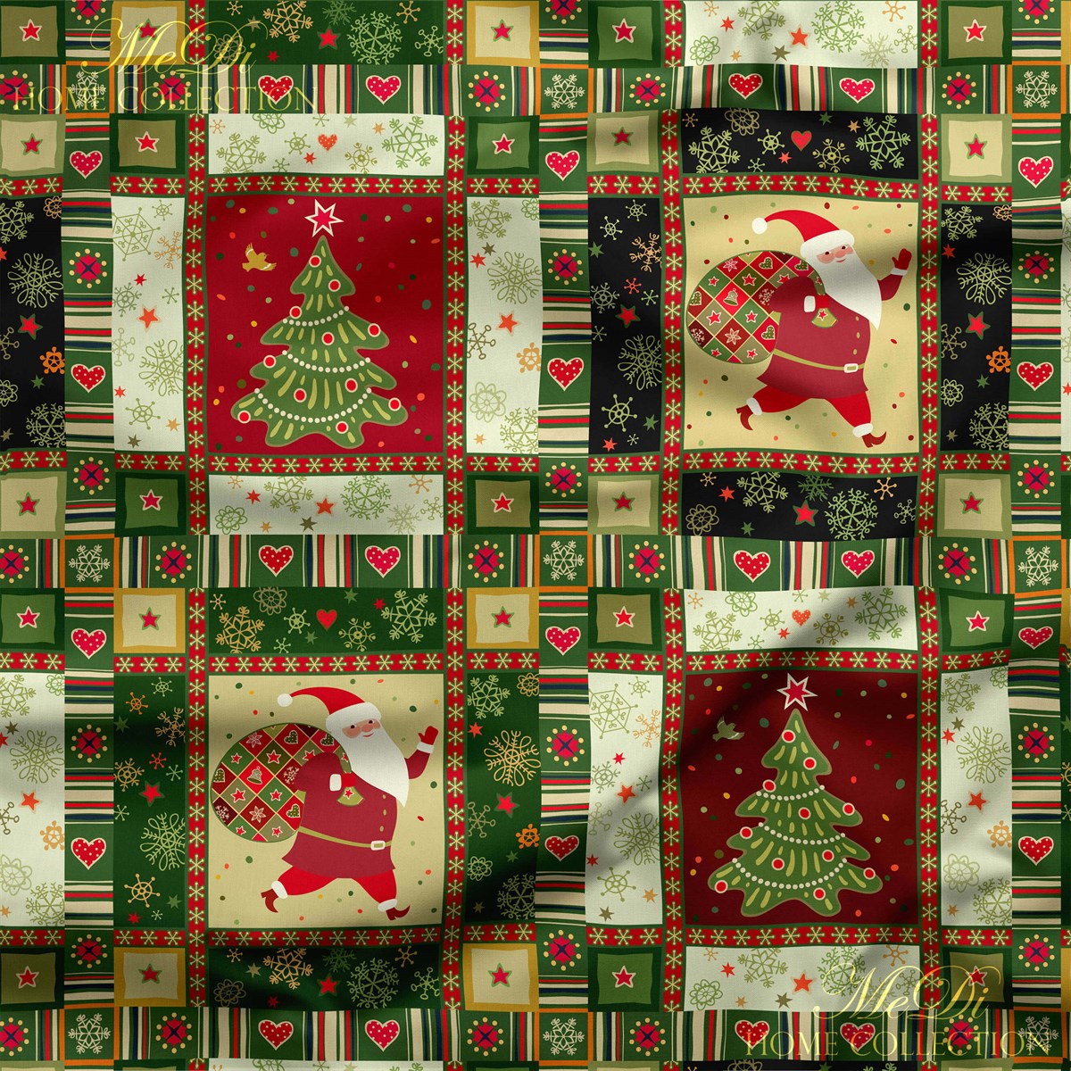 Yılbaşı Ağacı ve Noel Baba Patchwork Desenli Dijital Baskılı Kumaş