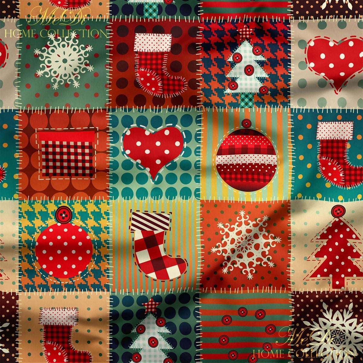 Yılbaşı Süsleri Patchwork Desenli Dijital Baskılı Kumaş