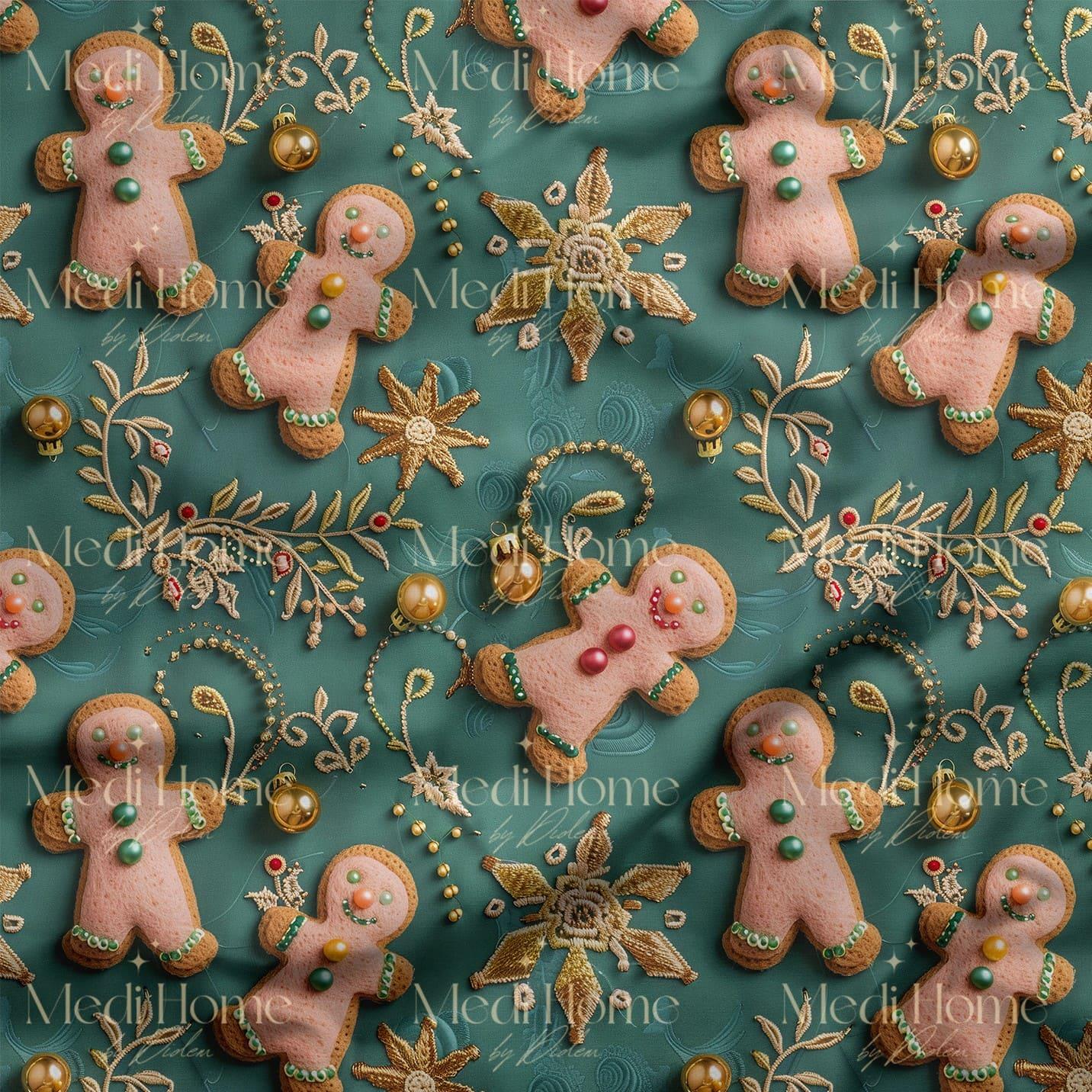 Zencefilli Kurabiyelerin Altın Dansı – 3D Yılbaşı Dijital Baskılı Kumaş