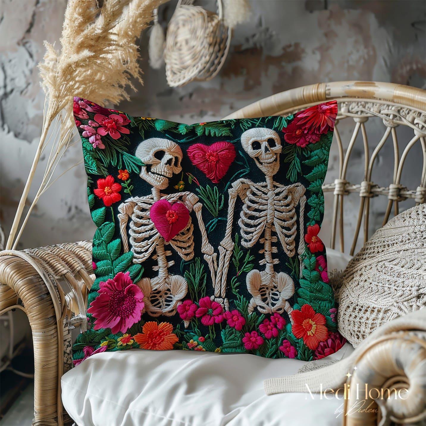 3 Boyutlu Aşkın Bahçesinde İki İskelet 3'lü Pano Kumaşı