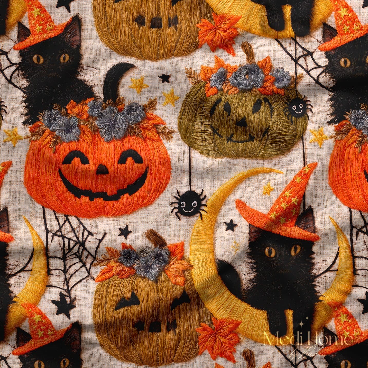 3 Boyutlu Cadı Kedileri ve Balkabakları Halloween Dijital Baskılı Kumaş