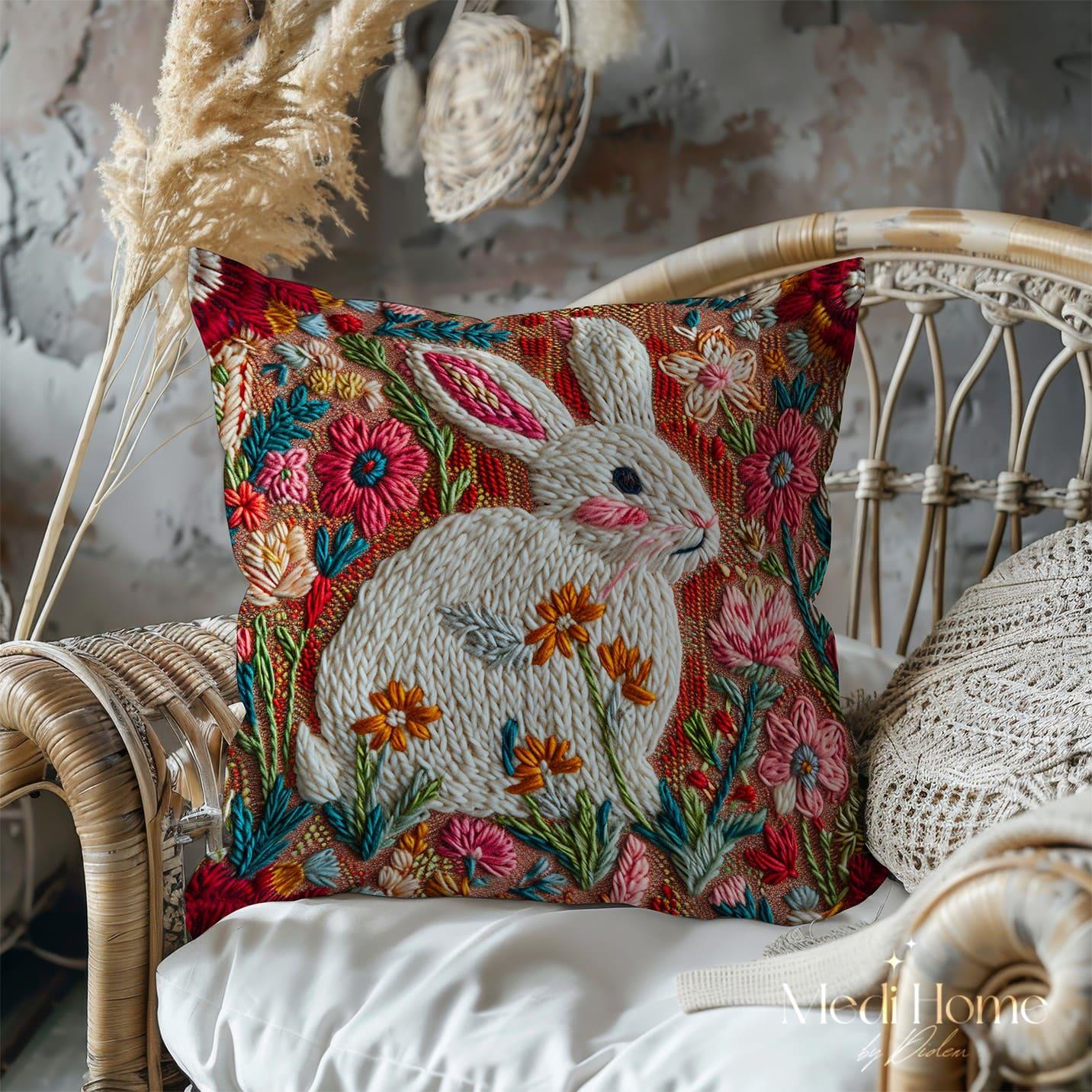 3 Boyutlu Çiçek Bahçesindeki Krem Tavşan 3'lü Pano Kumaşı