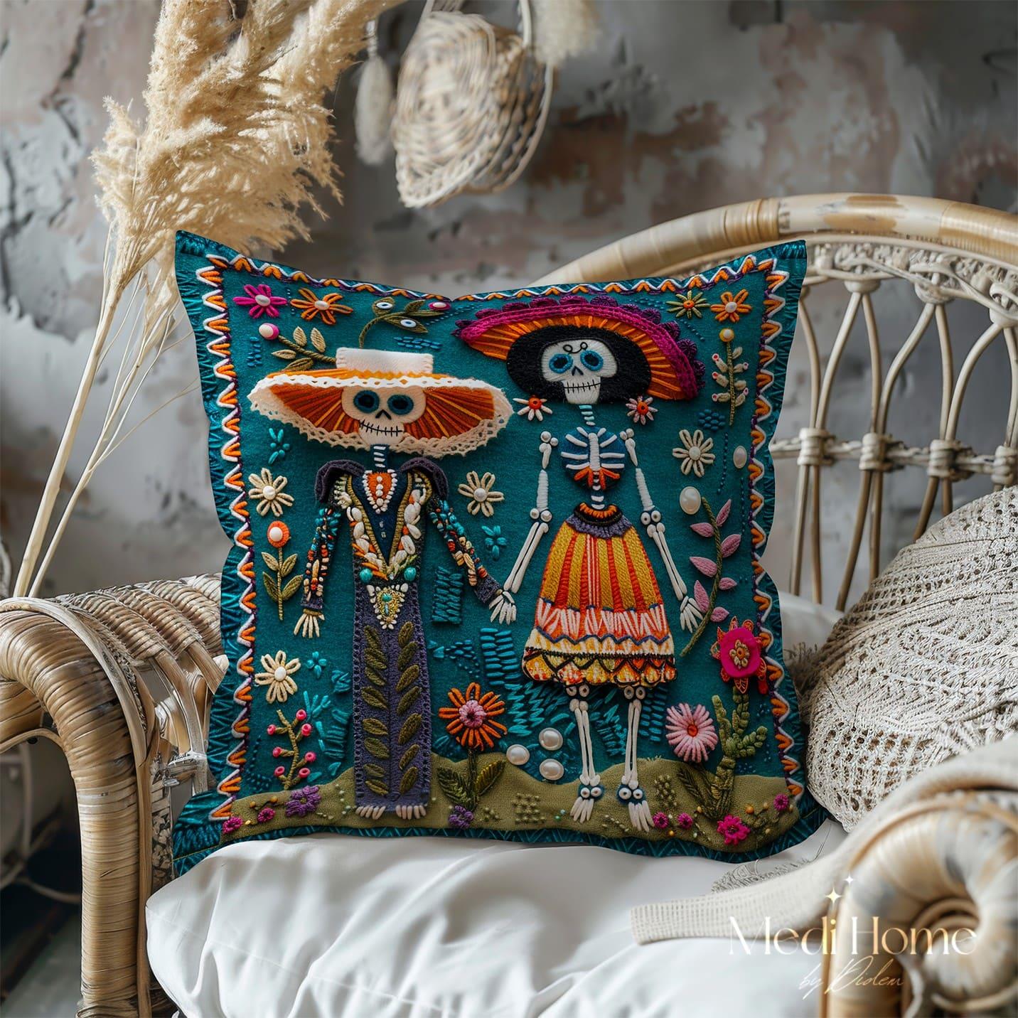 3 Boyutlu Çiçeklerle Süslenmiş İskelet Aşıklar 3'lü Pano Kumaşı