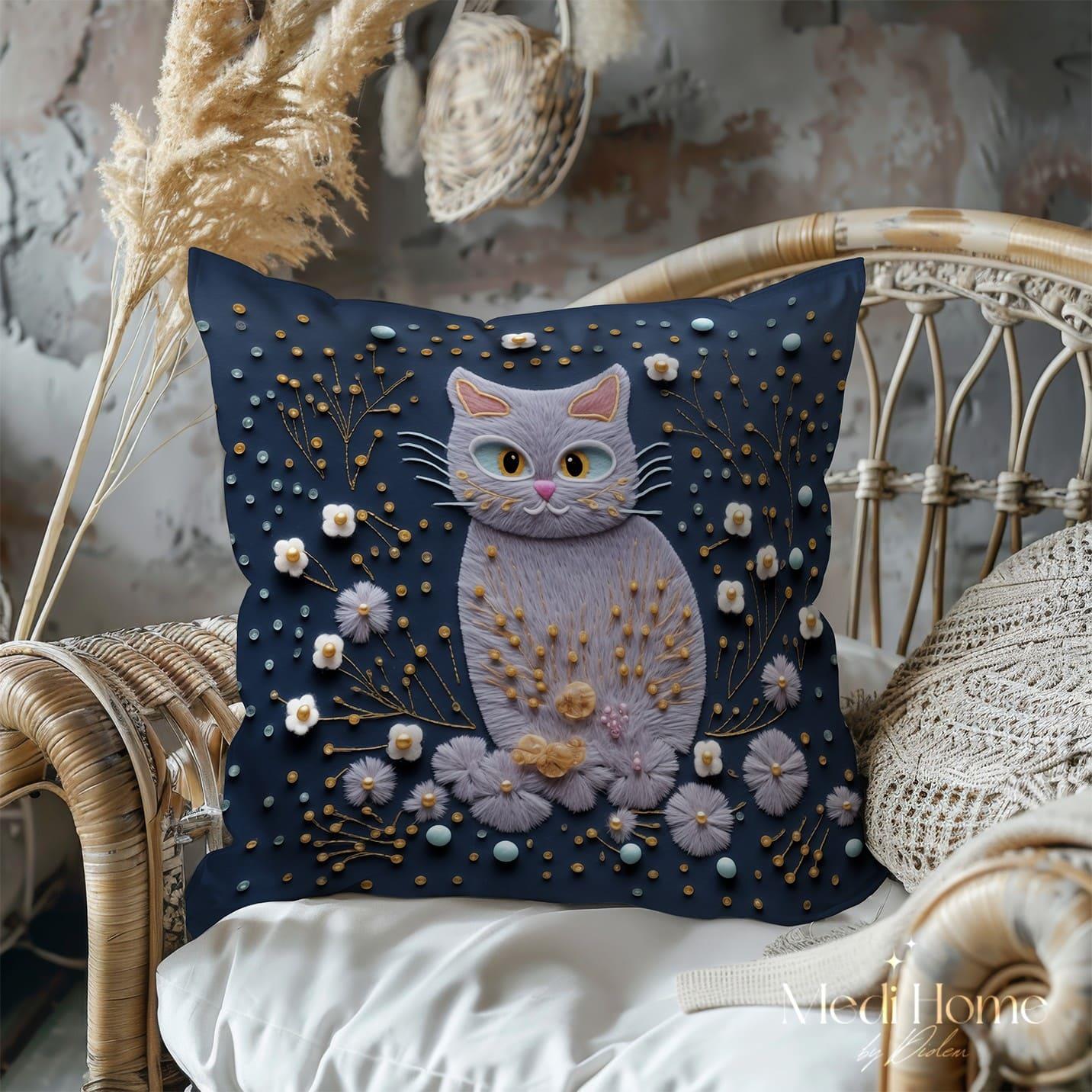 3 Boyutlu Gece Bahçesinin Pastel Kedisi 3'lü Pano Kumaşı