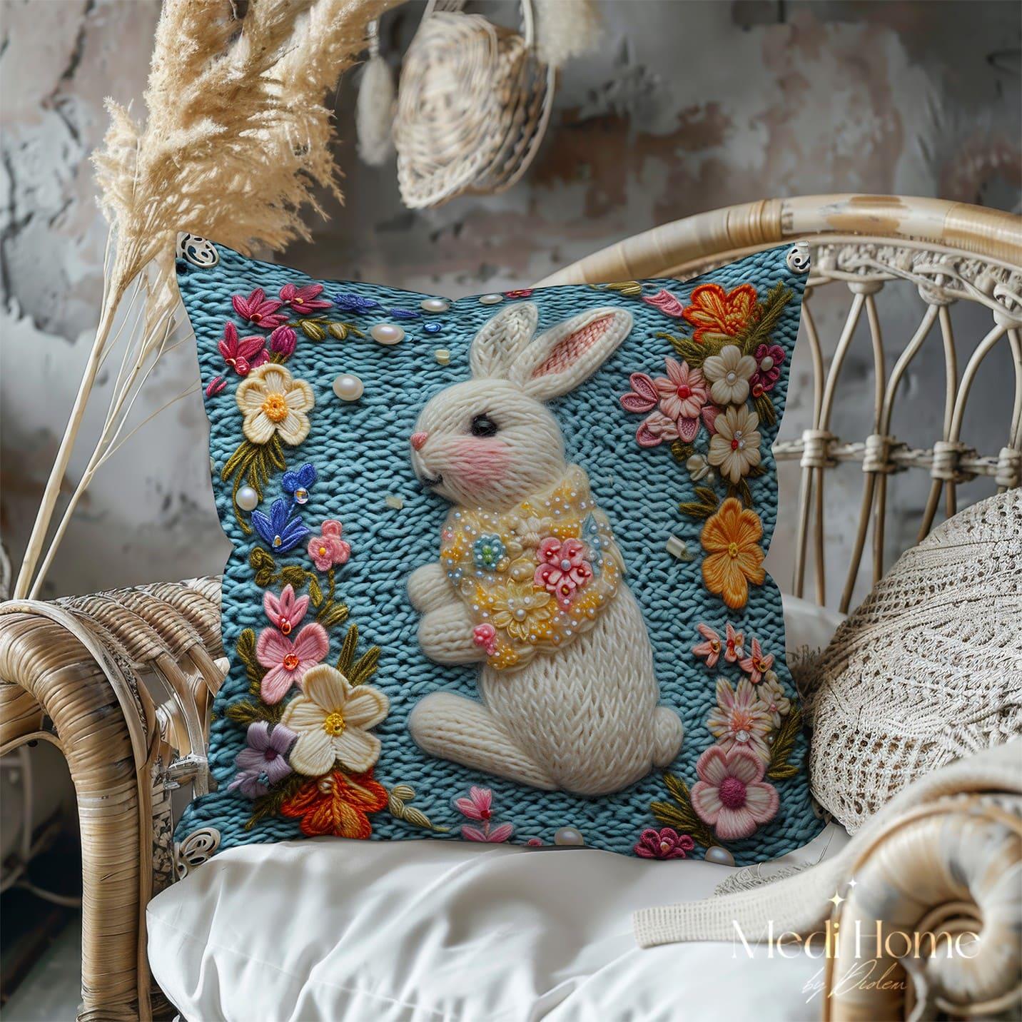 3 Boyutlu İncili Çiçek Bahçesindeki Tavşan 3'lü Pano Kumaşı