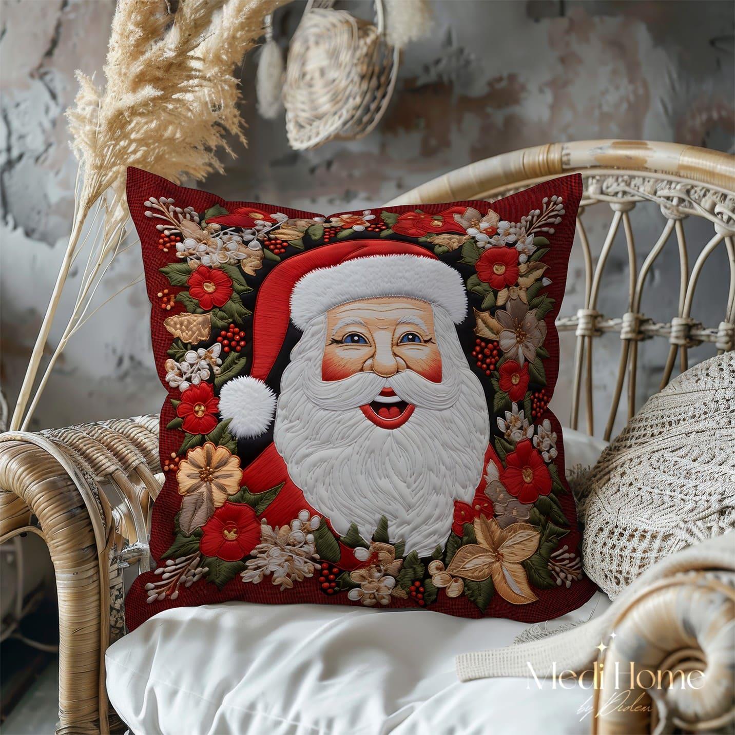 3 Boyutlu Kırmızı Çelenkte Neşeli Noel Baba 3'lü Pano Kumaşı