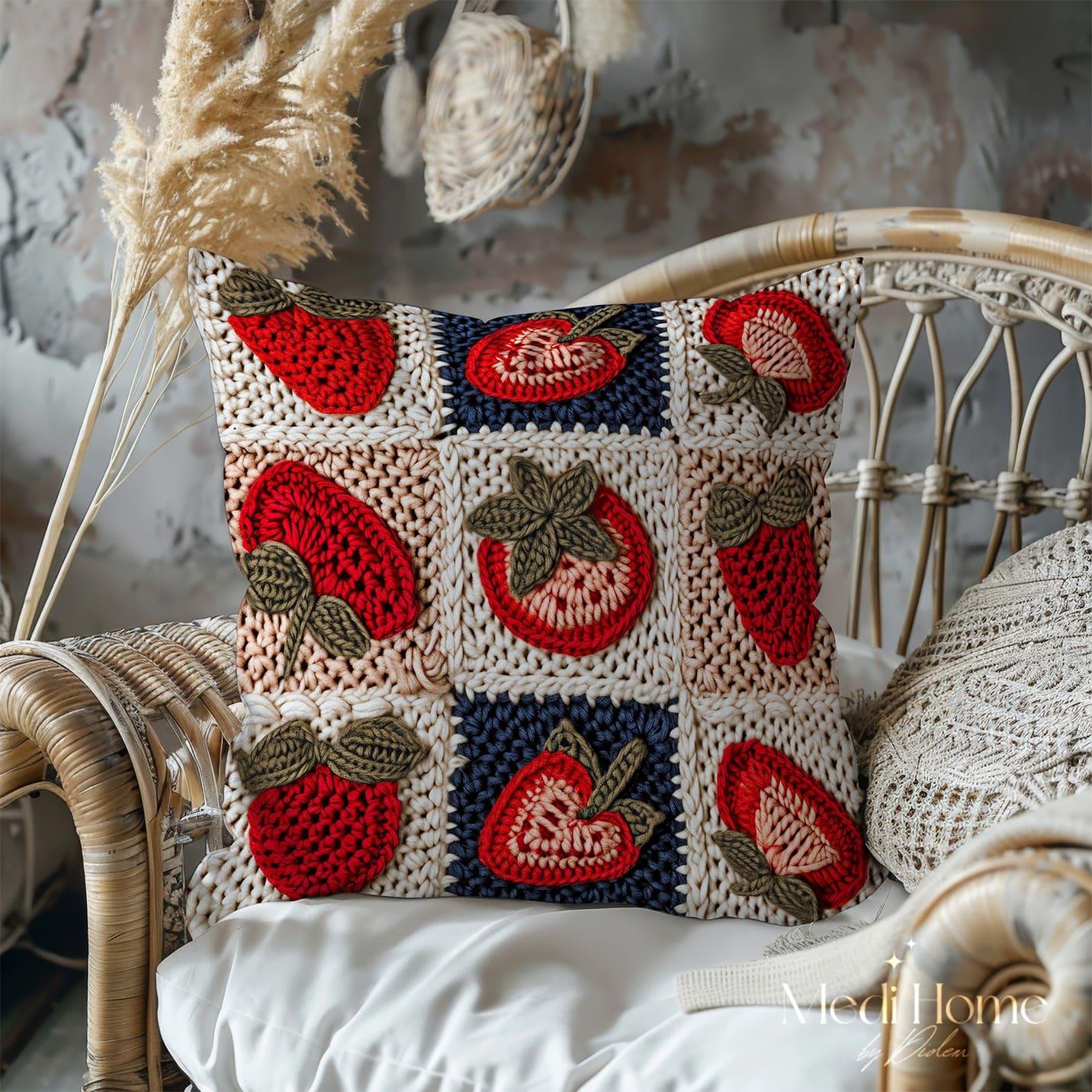 3 Boyutlu Krem Örgü Karelerde Rustik Çilekler 3'lü Pano Kumaşı