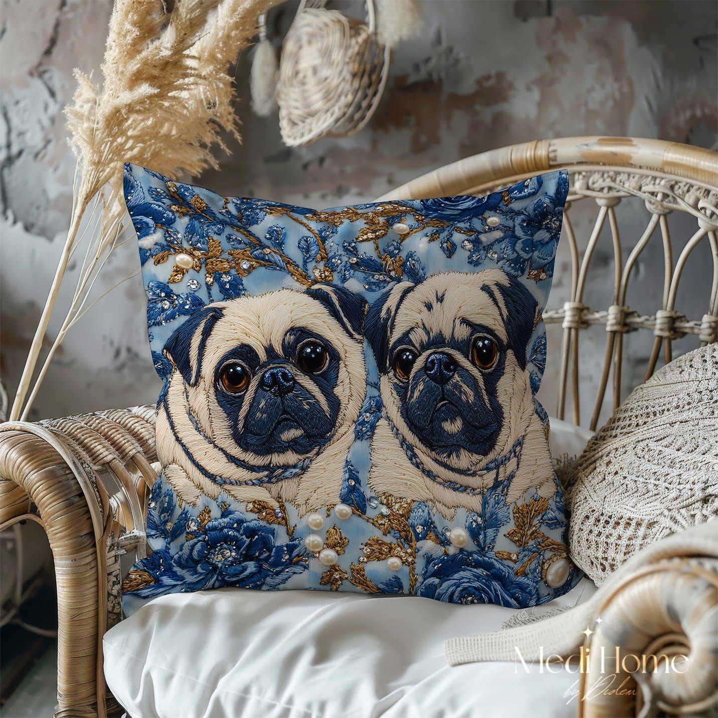 3 Boyutlu Mavi Çiçekler Arasında Pug Aşıkları 3'lü Pano Kumaşı
