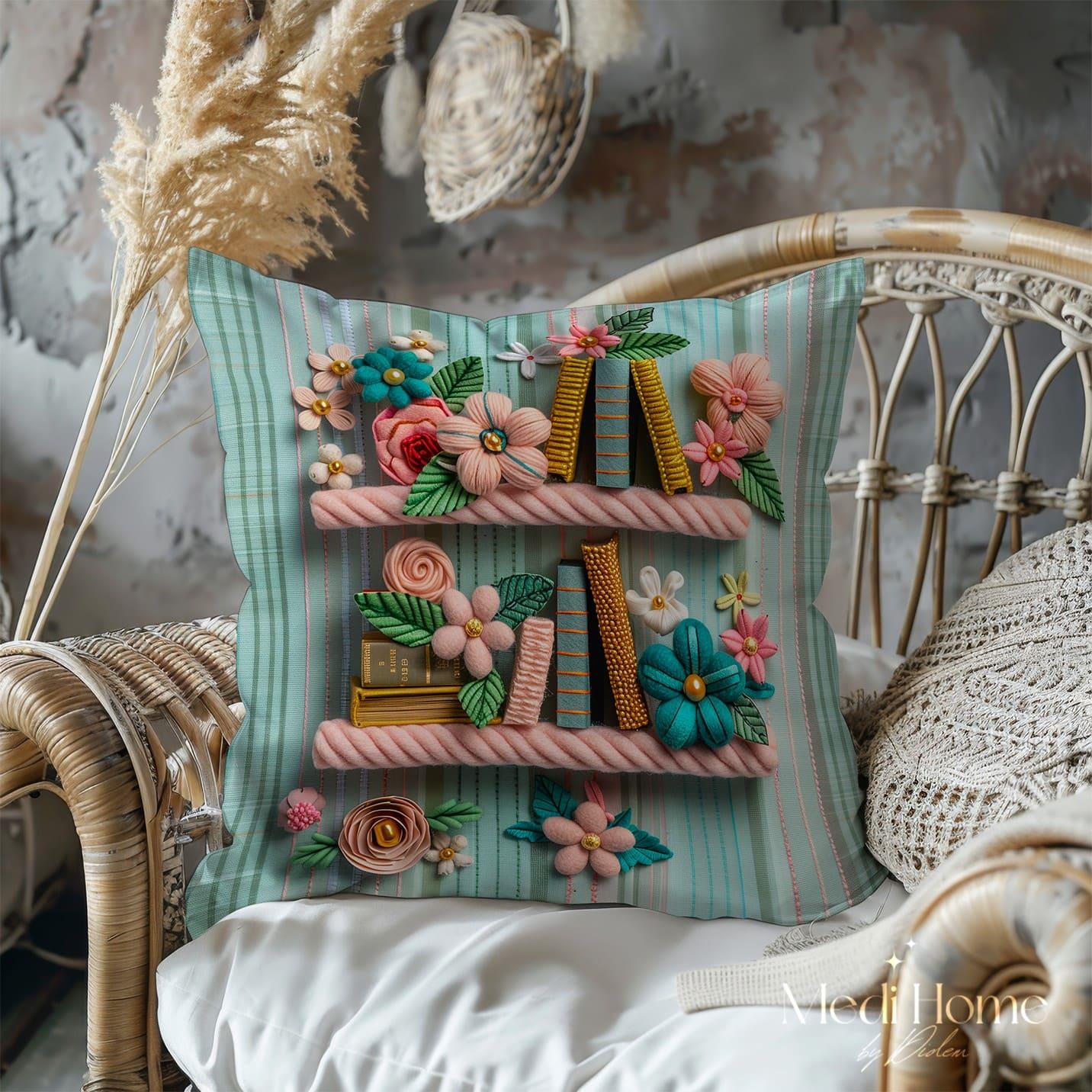 3 Boyutlu Pastel Kitap Rafında Çiçek Masalı 3'lü Pano Kumaşı