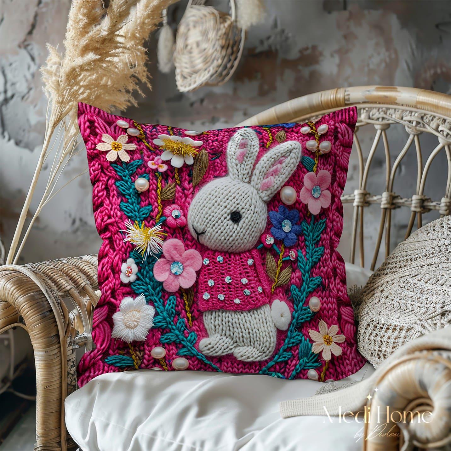 3 Boyutlu Pembe Bahçede Elbiseli Tavşan Masalı 3'lü Pano Kumaşı