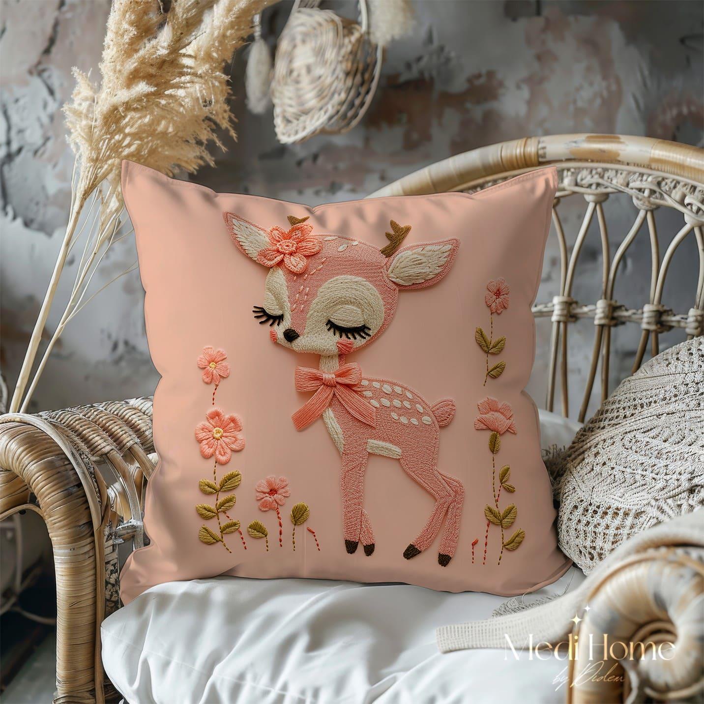 3 Boyutlu Pembe Çiçekli Bambi'nin Masal Adımı 3'lü Pano Kumaşı