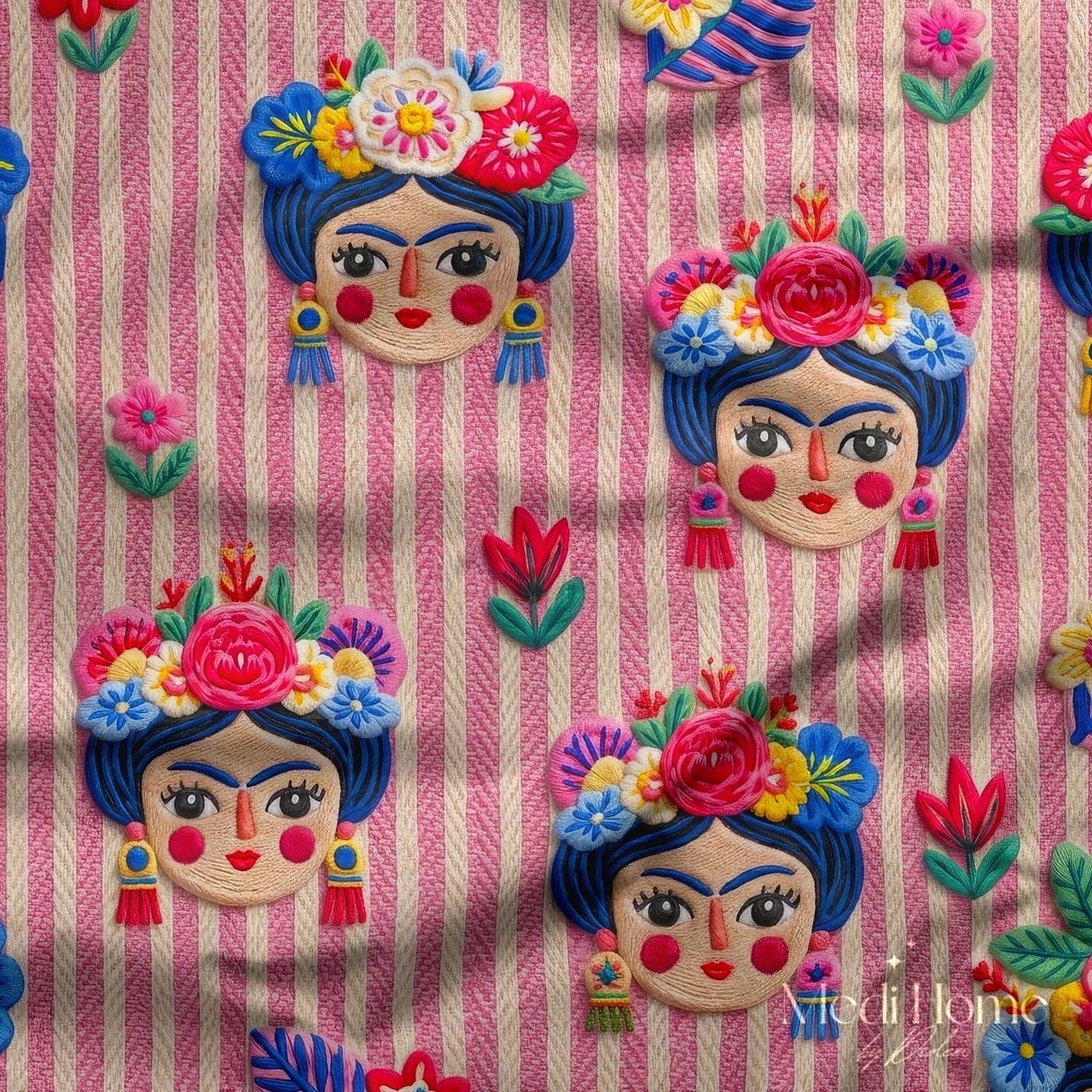 3 Boyutlu Pembe Çizgili Frida Çiçekleri Dijital Baskılı Kumaş