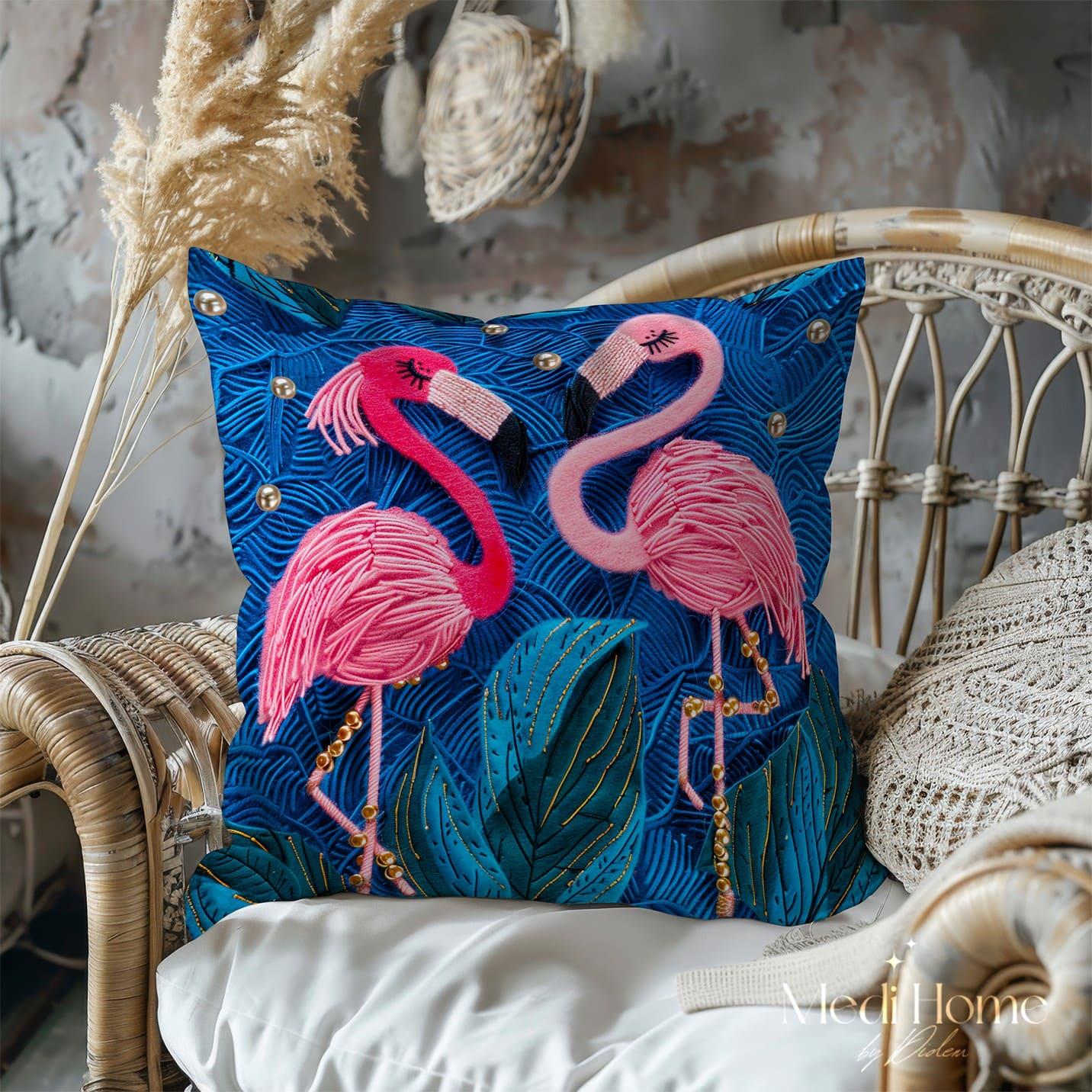 3 Boyutlu Pembe Dalgaların Üzerinde İki Zarif Flamingo 3'lü Pano Kumaşı