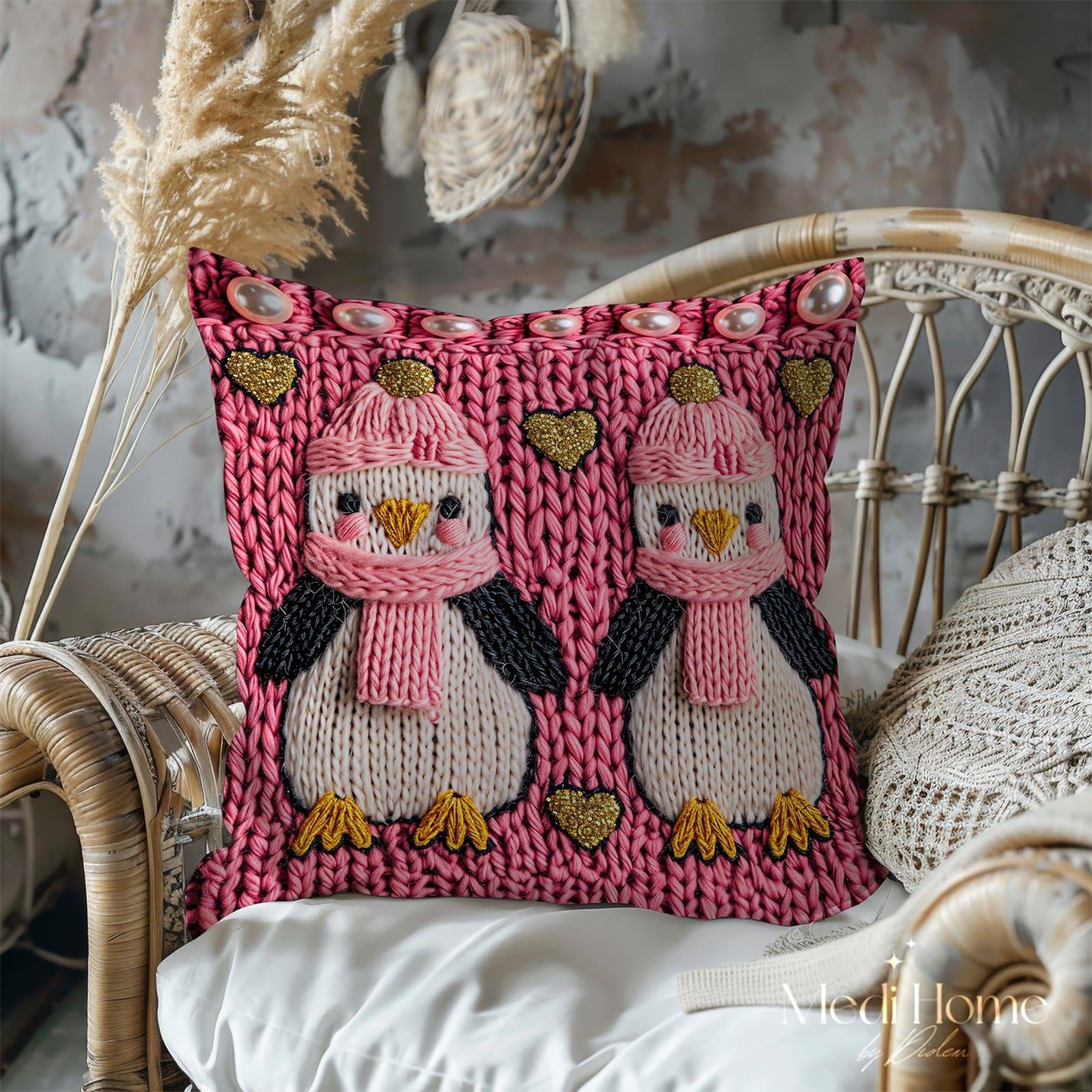 3 Boyutlu Pembe Örgü Kalplerin Penguen Neşesi 3'lü Pano Kumaşı