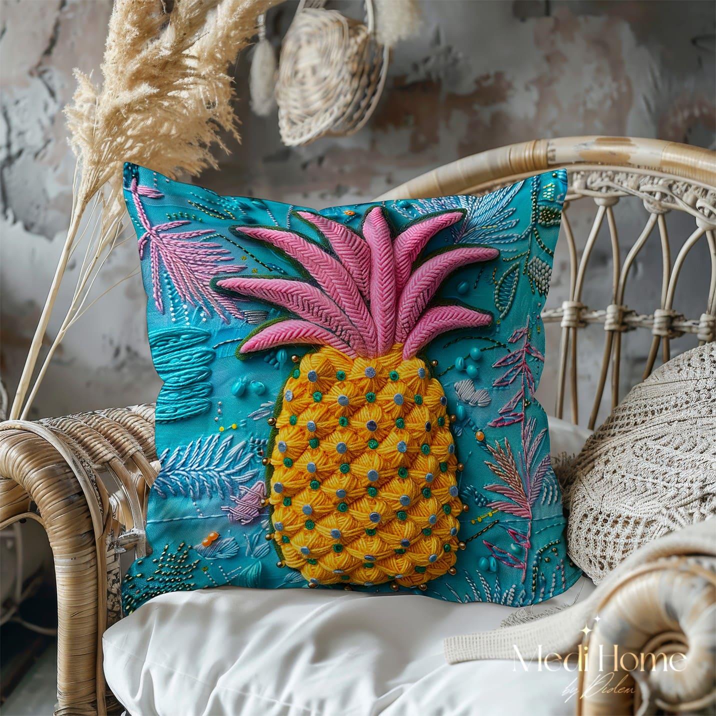 3 Boyutlu Pembe Taçlı Tropik Ananas 3'lü Pano Kumaşı