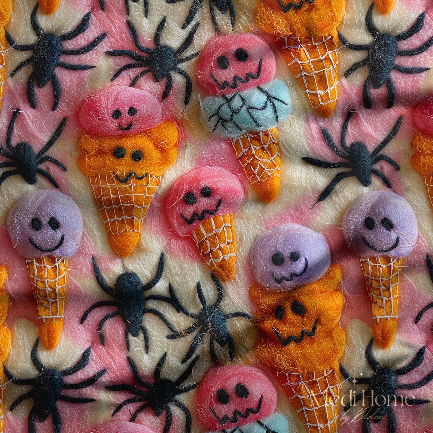3 Boyutlu Pembe Zeminde Sevimli Halloween Dondurmaları ve Örümcekler Desenli Dijital Baskılı Kumaş