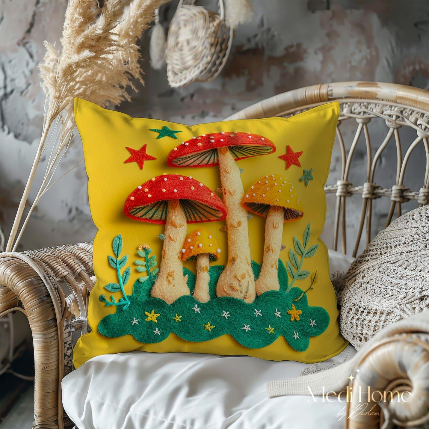 3 Boyutlu Renkli Mantarların Masalsı Bahçesi 3'lü Pano Kumaşı