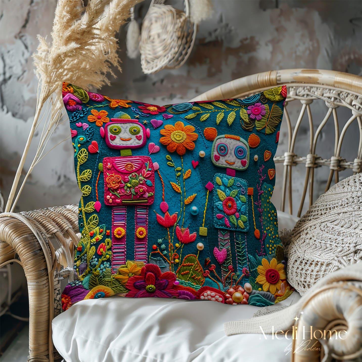 3 Boyutlu Renkli Robotların Nakış Bahçesi 3'lü Pano Kumaşı