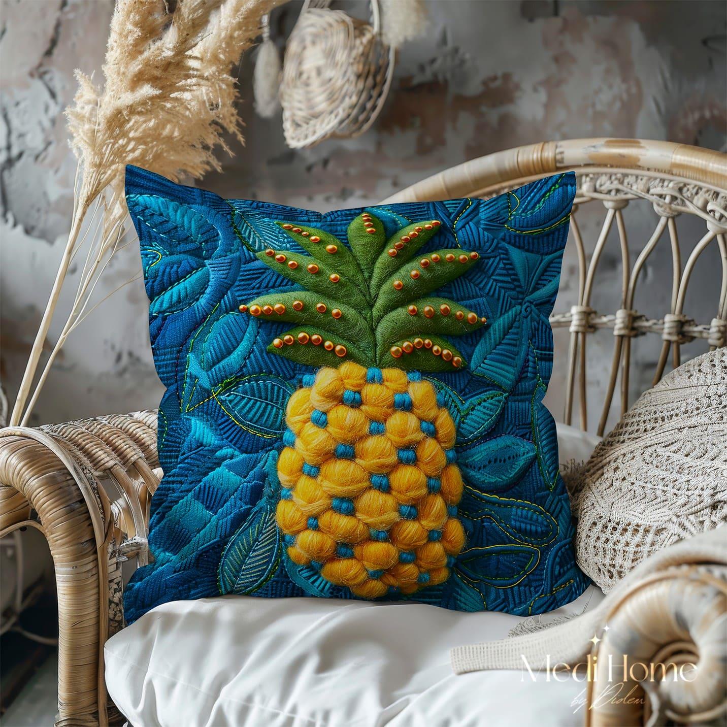 3 Boyutlu Turkuaz Yaprakların İçinde Altın Ananas 3'lü Pano Kumaşı