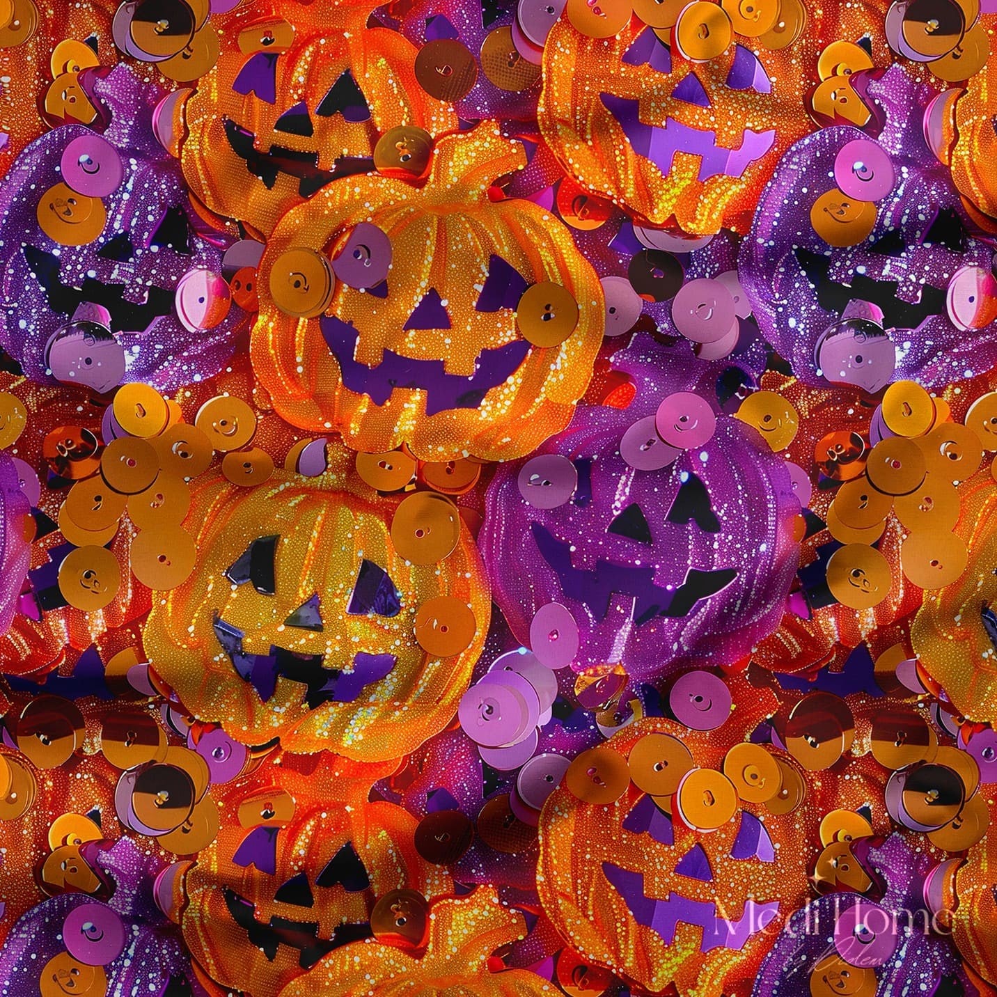 3 Boyutlu Turuncu ve Mor Işıltılı Halloween Balkabakları Desenli Dijital Baskılı Kumaş