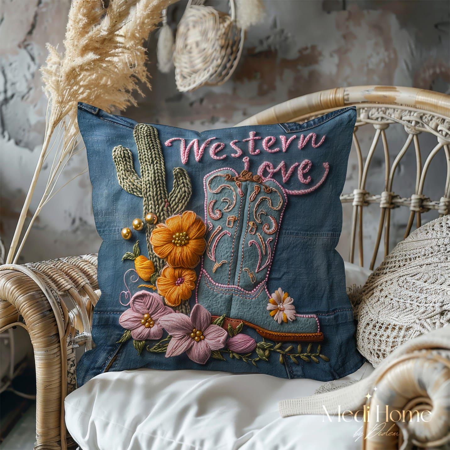 3 Boyutlu Western Love'ın Çiçekli Kovboy Çizmesi 3'lü Pano Kumaşı