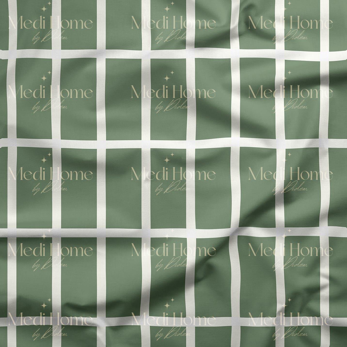 Ada Yeşilinde Modern Karo Dokunuşu Dijital Baskılı Kumaş