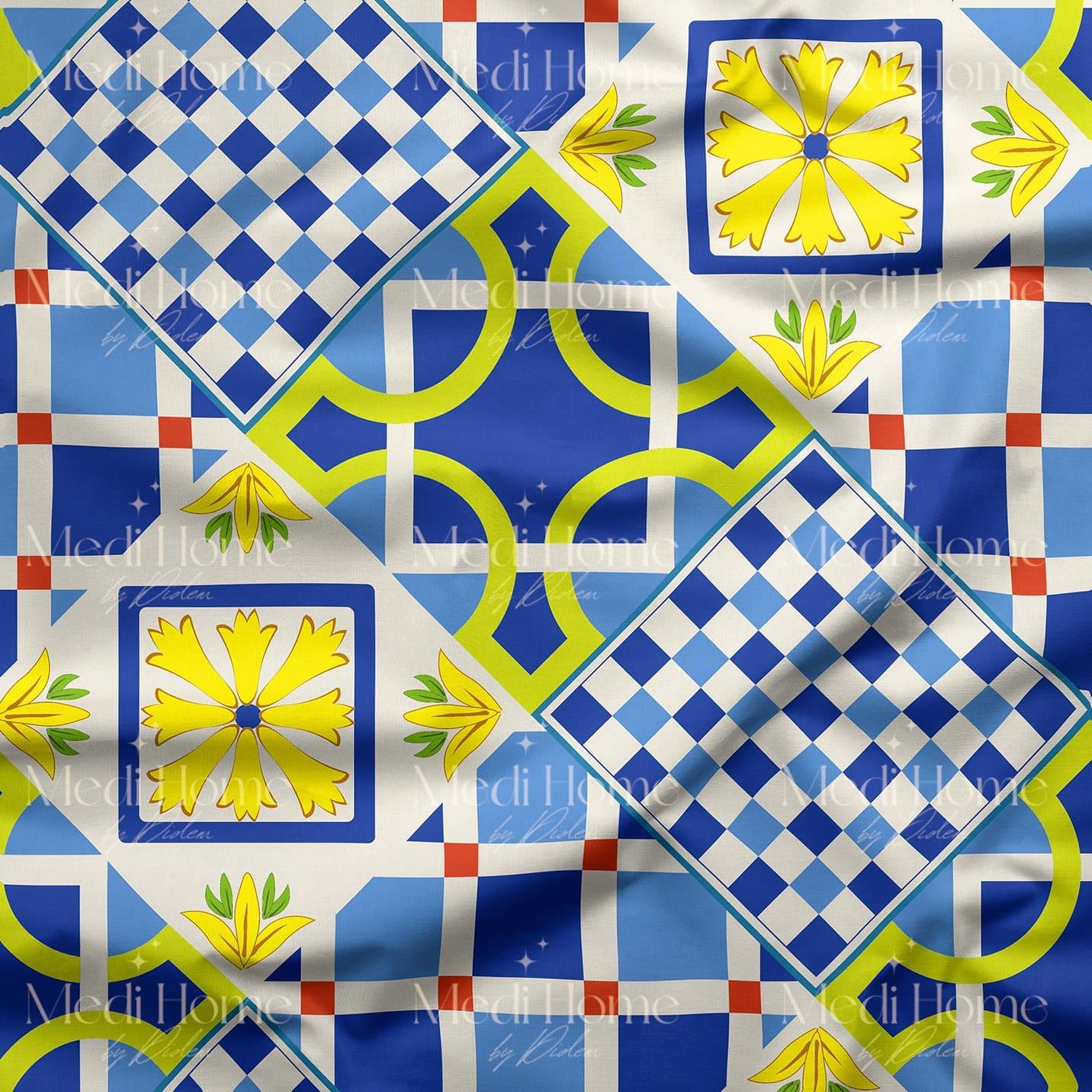 Akdeniz Çinilerinin Neşeli Dansı Dijital Baskılı Kumaş