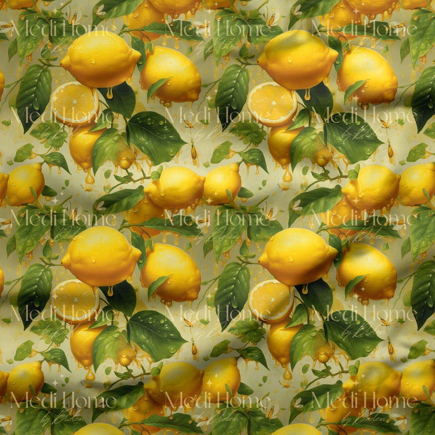 Altın Damlalı Limon Bahçesi Dijital Baskılı Kumaş