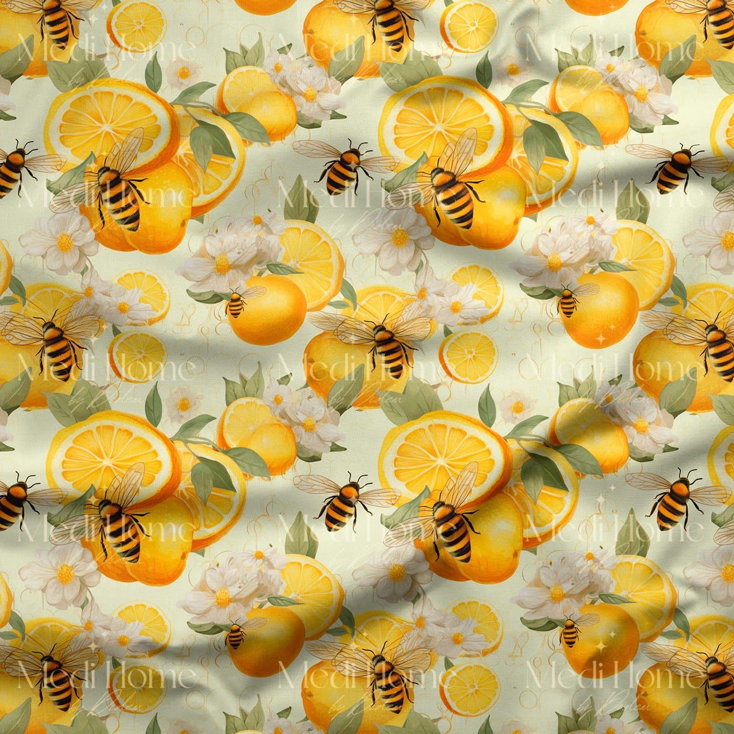 Altın Dilimli Limon ve Arı Senfonisi  Dijital Baskılı Kumaş