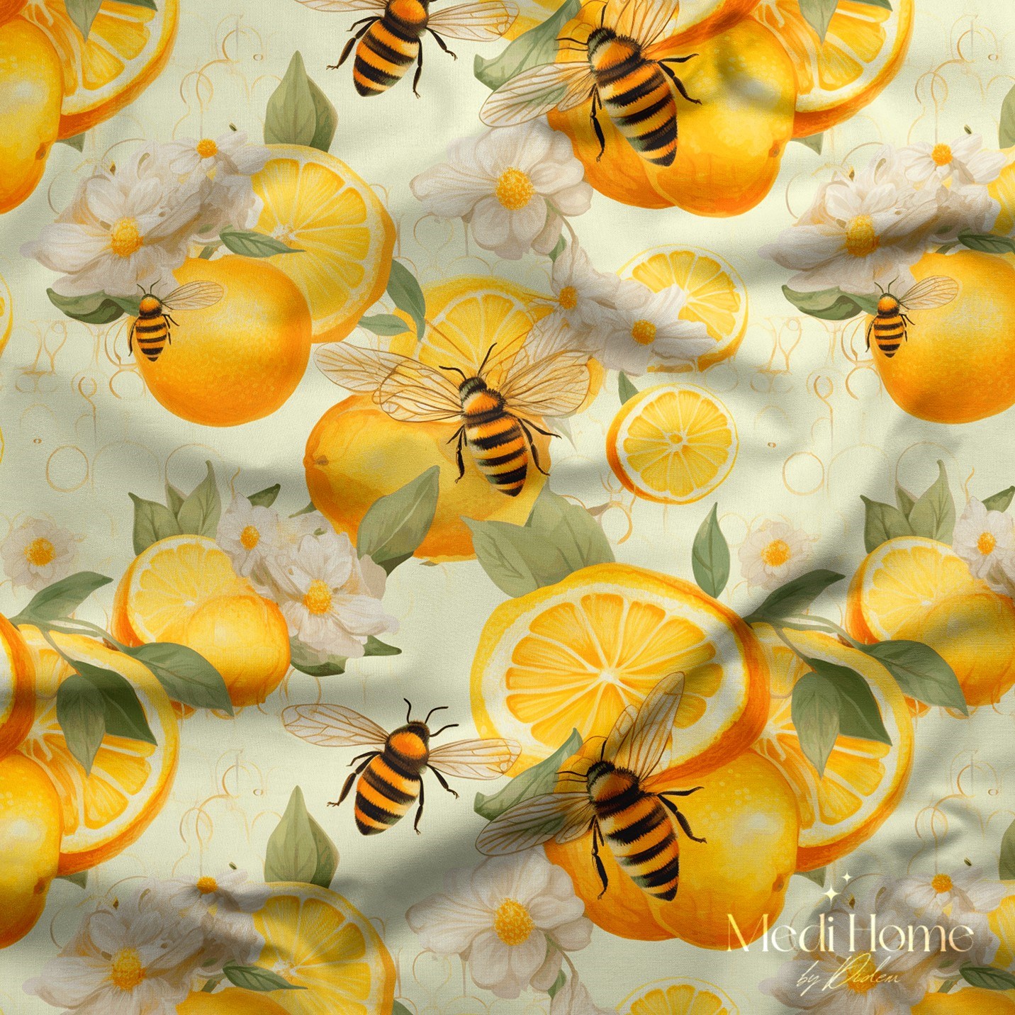 Altın Dilimli Limon ve Arı Senfonisi  Dijital Baskılı Kumaş