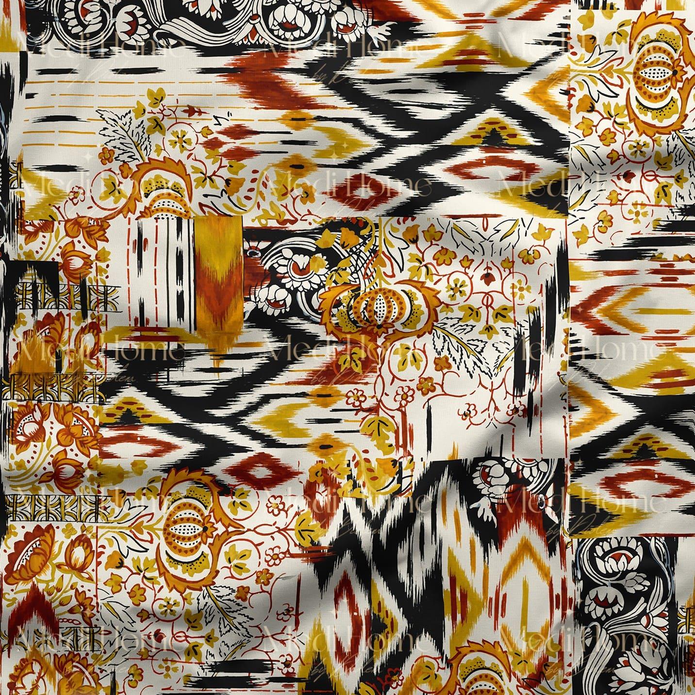 Altın Fırça Dokunuşlu Etnik Patchwork Dijital Baskılı Kumaş