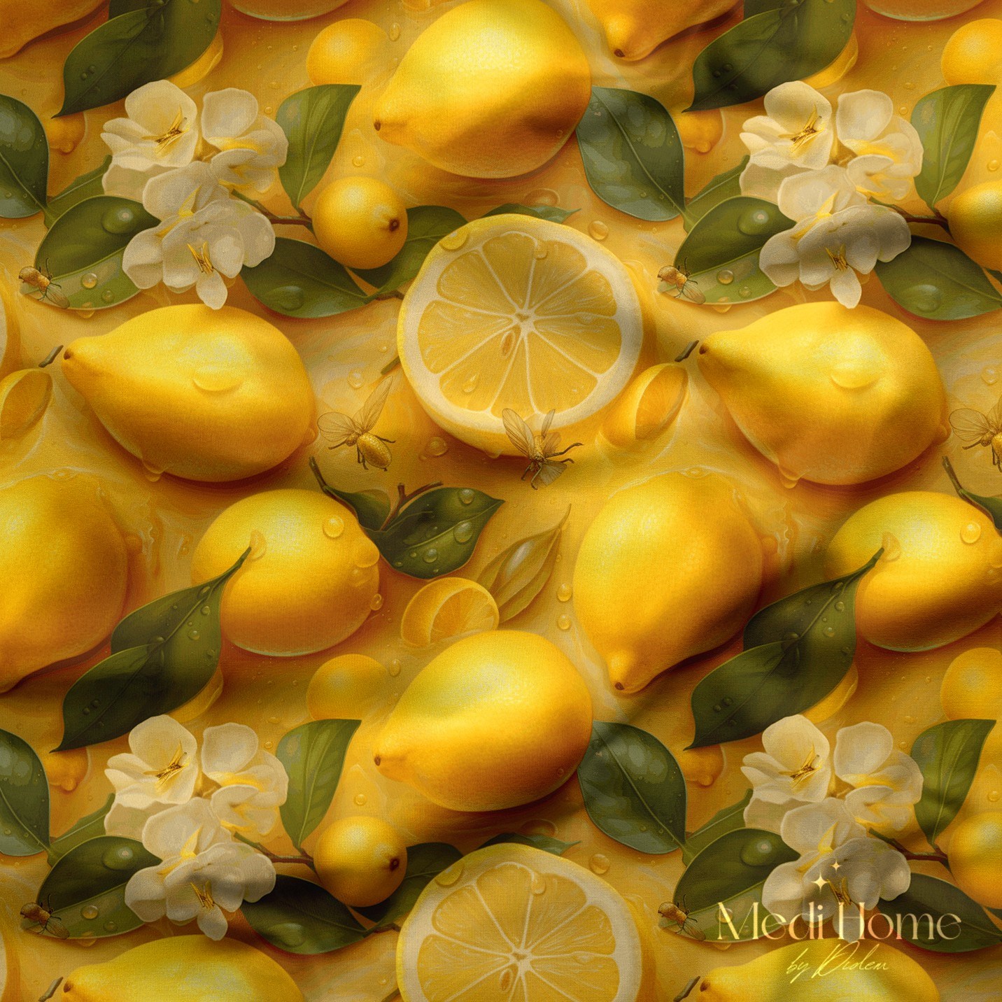 Altın Işıltılı Limon Bahçesi Dijital Baskılı Kumaş