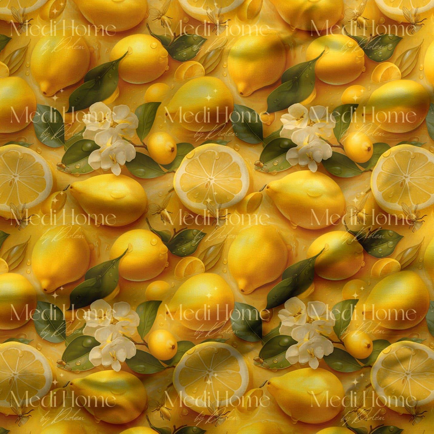 Altın Işıltılı Limon Bahçesi Dijital Baskılı Kumaş