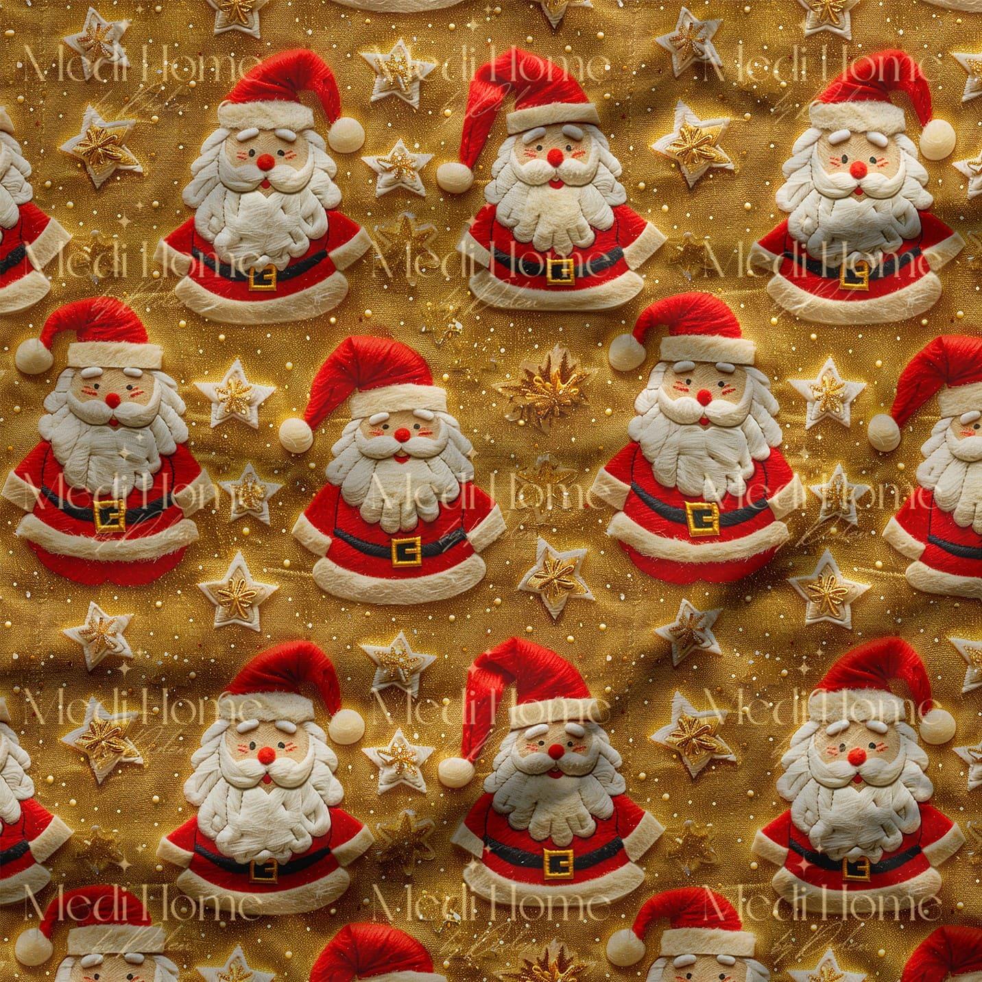 Altın Işıltısında Tatlı Noel Babaları Dijital Baskılı Kumaş