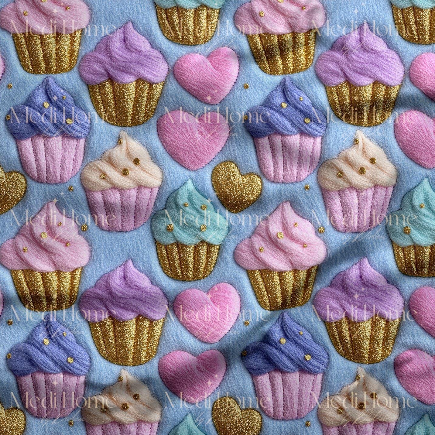 Altın Kalpli Cupcake Rüyası Dijital Baskılı Kumaş