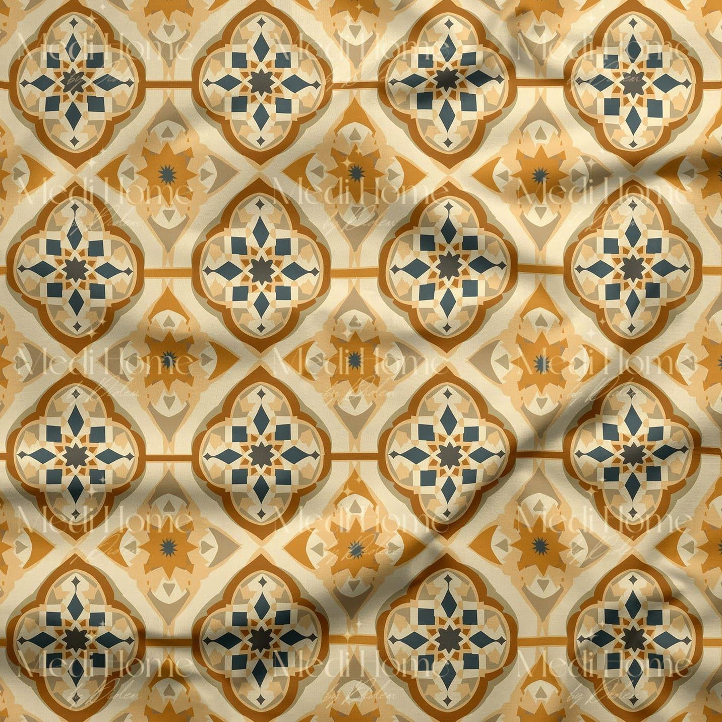 Altın Kum Çini Geometrisi Dijital Baskılı Kumaş
