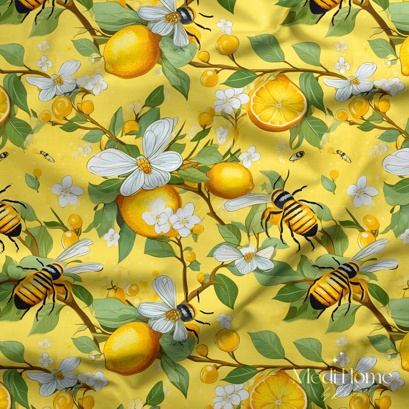 Altın Sarısı Limon Bahçesinde Arı Dansı Dijital Baskılı Kumaş