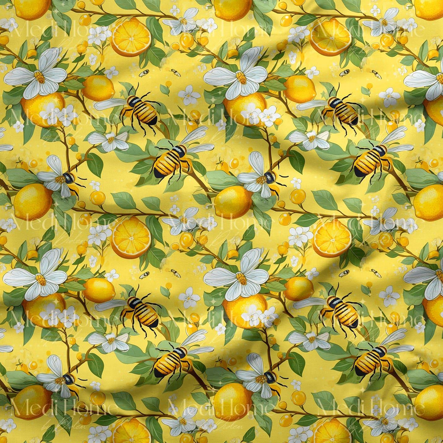 Altın Sarısı Limon Bahçesinde Arı Dansı Dijital Baskılı Kumaş