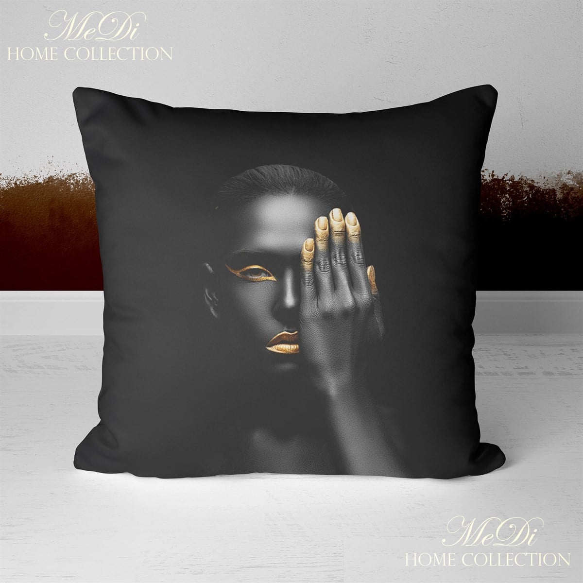 Altın Sarısı Makyajlı Afrikalı Kadın Desenli 3'lü Pano Kumaşı