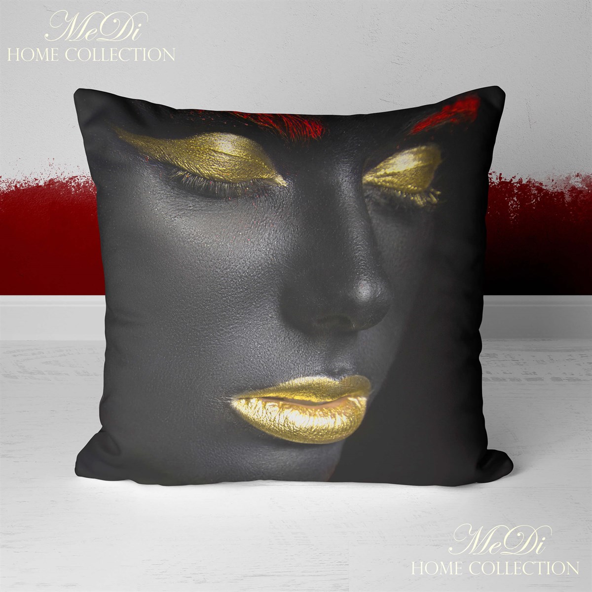 Altın Sarısı Simli Makyajlı Afrikalı Kadın Desenli 3'lü Pano Kumaşı