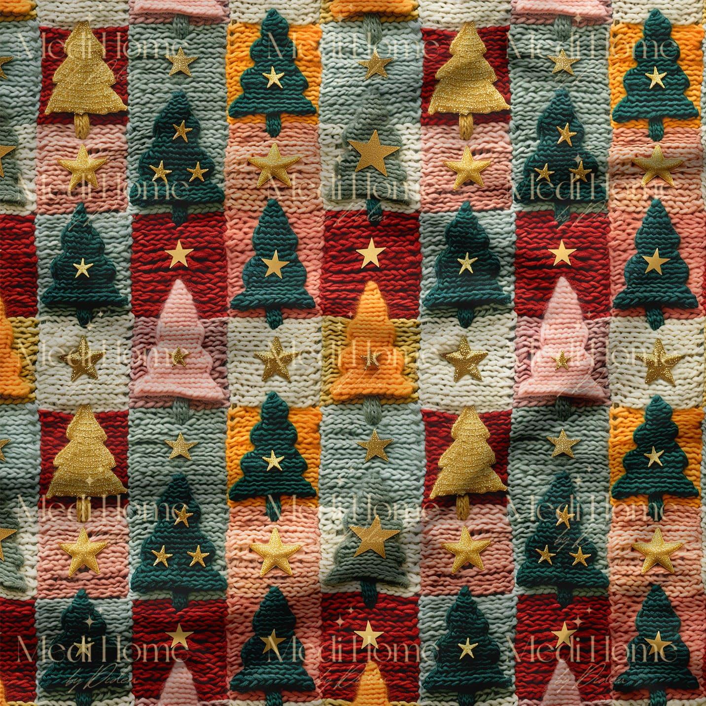 Altın Yıldızlı Örgü Patchwork – 3D Yılbaşı Ağaçları Dijital Baskılı Kumaş