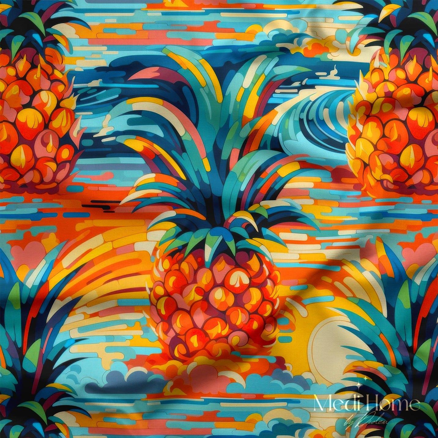 Ananas Gün Batımında Renk Patlaması Dijital Baskılı Kumaş