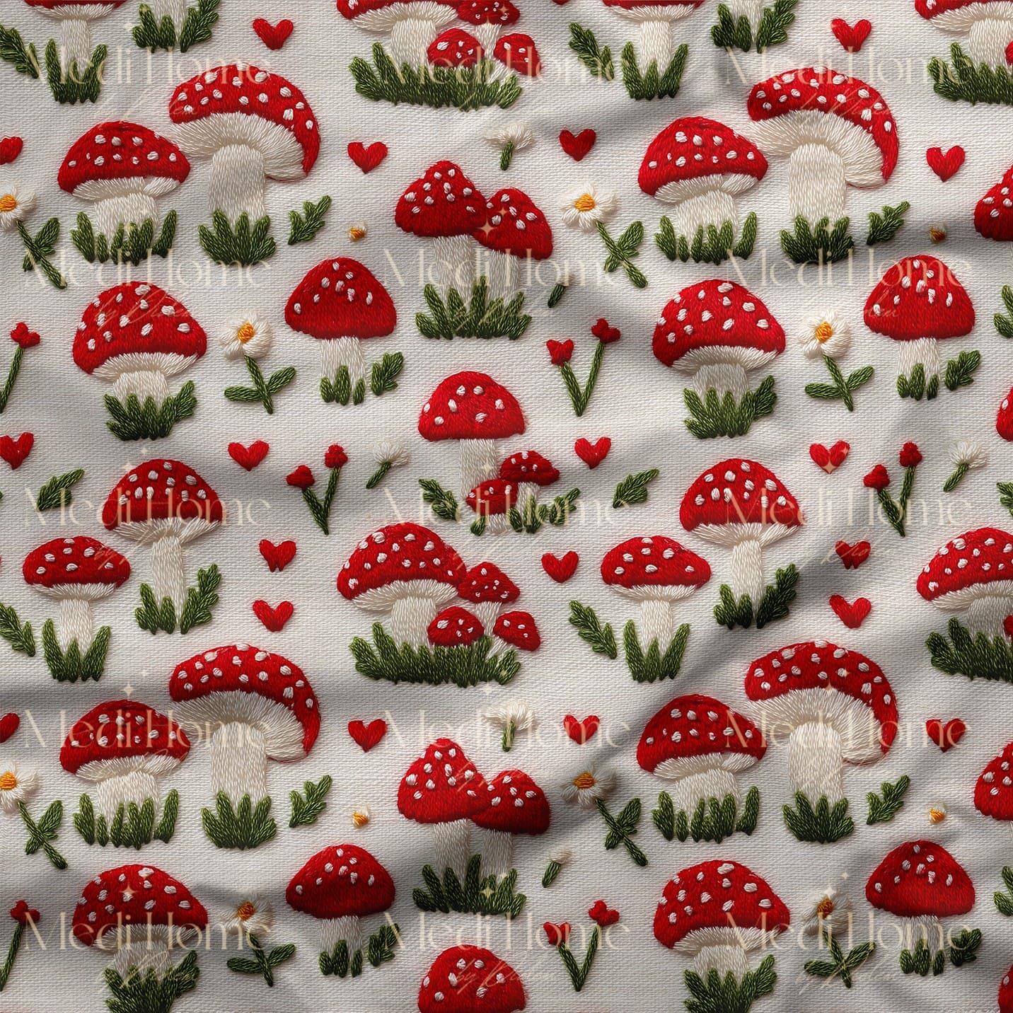 Aşk Bahçesinde Kırmızı Mantarlar Dijital Baskılı Kumaş