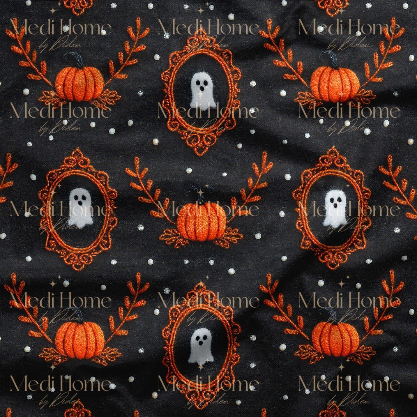 Balkabağı Çerçevesindeki Sevimli Hayaletler Dijital Baskılı Kumaş